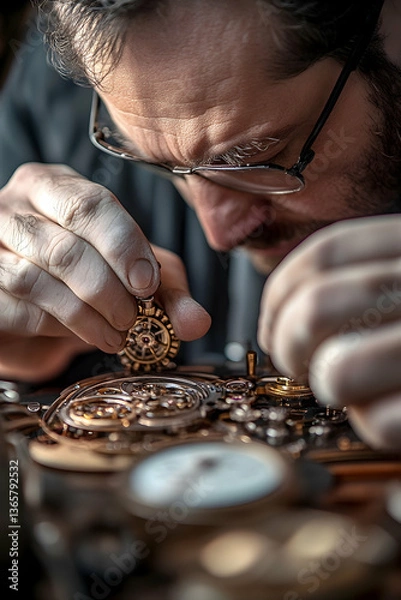 Fototapeta Close-up of a watchmaker repairing intricate watch mechanisms  -  