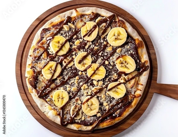 Fototapeta A pizza with chocolate sauce and banana slices on top, placed on a wooden plate, against a white