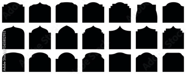 Fototapeta IIslamic door and window shape. mosque gates and window frame.Traditional islamic arches boho minimalist design, arabic geometric frames with mosque dome silhouette. Set of Islamic border frame vector