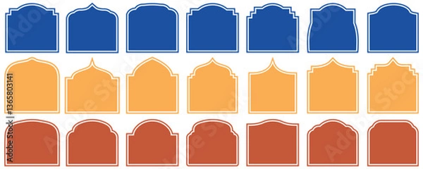 Fototapeta IIslamic door and window shape. mosque gates and window frame.Traditional islamic arches boho minimalist design, arabic geometric frames with mosque dome silhouette. Set of Islamic border frame vector