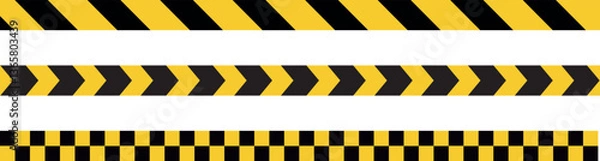 Fototapeta caution warning tape set, Construction border. Warning caution sign. Black and yellow line. Seamless barrier. Included brushes .Long danger ribbon. Vector illustration on white background. 