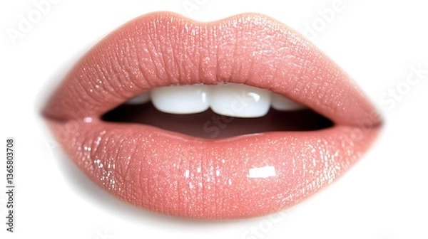 Fototapeta Close up of glossy lips with peach lipstick and visible teeth row