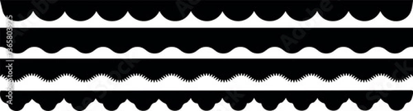 Fototapeta Scalloped edge seamless set. borders and dividers. Simple scalloped border. Repeat cute vintage frill ornament. Texture ribbons. Vector illustration isolated on white background.