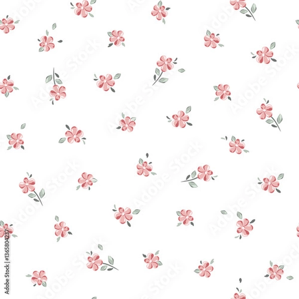 Fototapeta Vector illustration. Seamless Ditsy floral pattern of delicate small pink flowers on a white background. Liberty Floral pattern, field of flowers, print for fabric, textile, wallpaper	