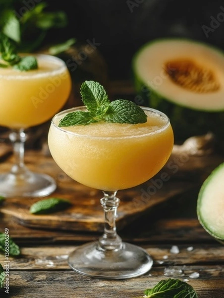 Fototapeta Mojito Drinks with Mint Leaves and Melon