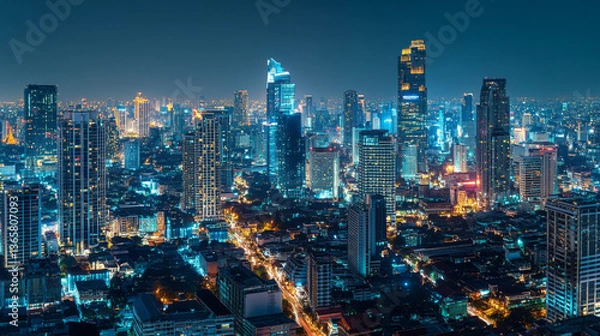 Fototapeta A mesmerizing nighttime cityscape of Bangkok, Thailand, capturing its illuminated downtown skyline and towering urban structures