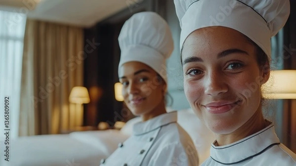 Fototapeta Two Chefs Smiling in Hotel Room During Culinary Workshop Session