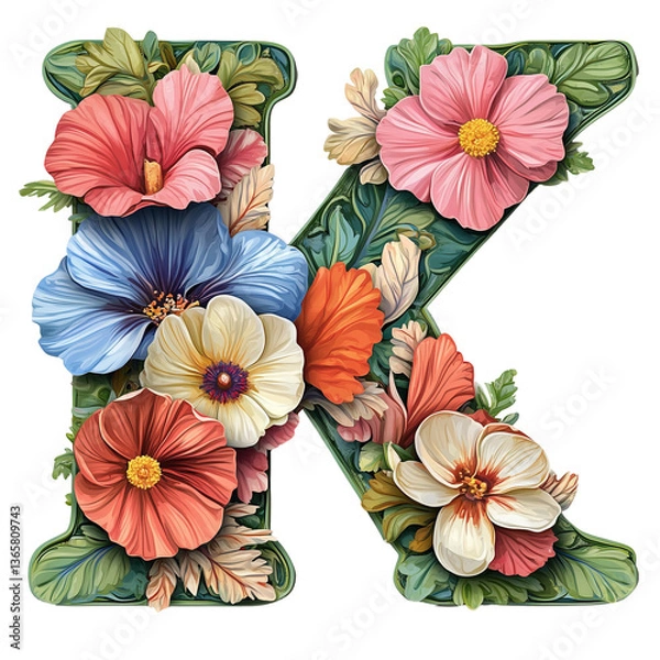 Obraz Illustration showcasing a decorative letter K adorned with an array of colorful, intricate flowers and lush leaves, emphasizing creativity, floral beauty, and artistic expression.