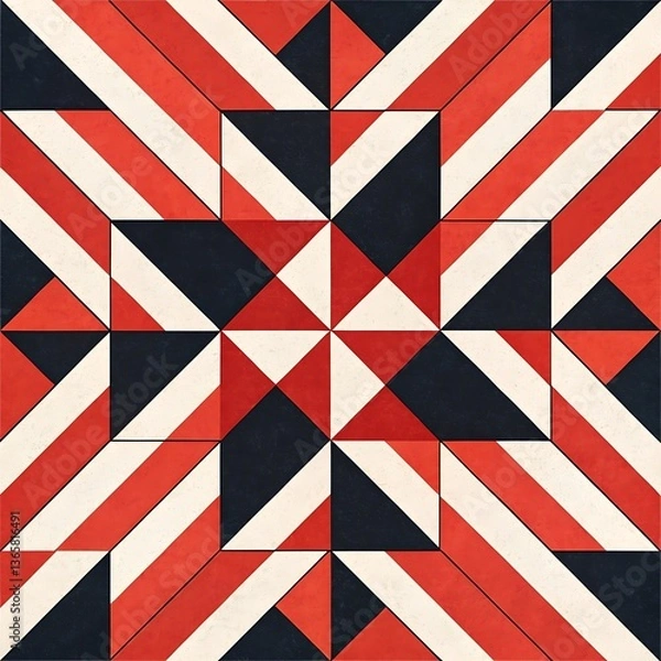 Fototapeta Geometric Tile Pattern with Stripes and Triangles in Red, Dark Blue, and Cream Color Scheme.