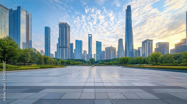 Fototapeta A modern cityscape featuring an expansive square in the foreground, framed by a skyline of contemporary buildings