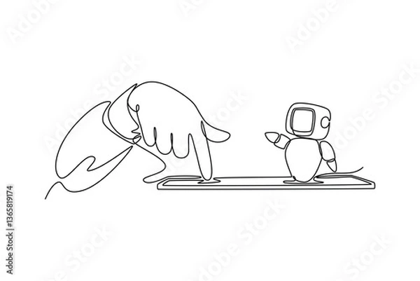 Fototapeta Person interacting with a friendly AI chatbot on a tablet. Technology in business concept. Single line draw design. Vector graphic illustration