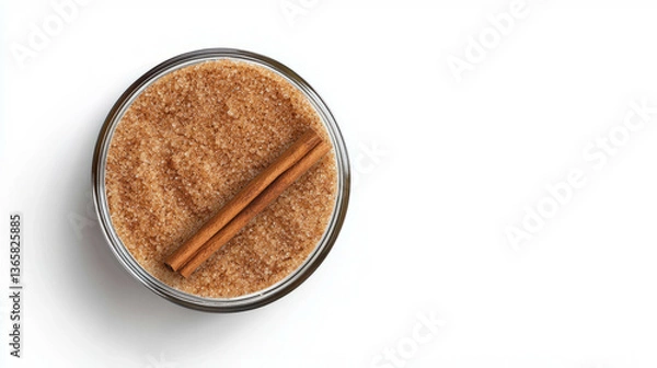 Fototapeta Cinnamon and brown sugar in glass jar on white background for culinary and baking design