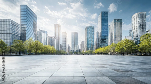 Fototapeta A spacious open square with a backdrop of a modern city skyline and towering buildings