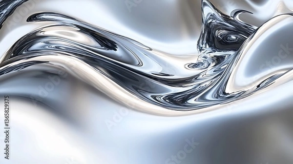 Fototapeta Abstract silver liquid flowing with smooth curves and reflections