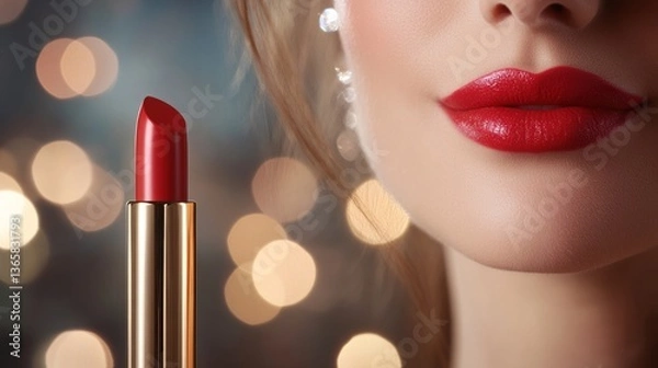Obraz Red lipstick and lips macro