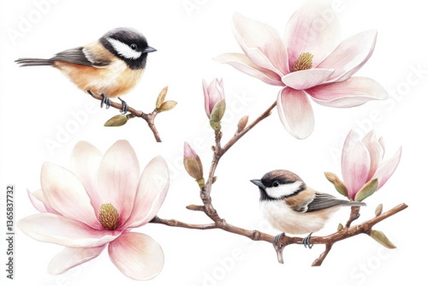Obraz Beautiful watercolor illustration featuring two small birds perched on branch with delicate magnolia flowers. scene evokes sense of tranquility and nature beauty