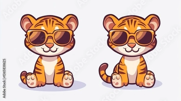 Obraz vector of a Cute baby cub tiger with sunglasses, with a joyful expression on his face
