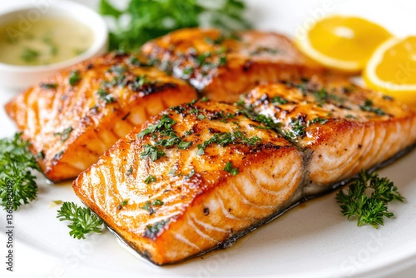 Fototapeta Delicious grilled salmon fillets garnished with fresh herbs and served with lemon slices, creating vibrant and appetizing dish that is perfect for any meal