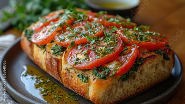 Fototapeta Vegetable-packed sourdough loaf with tomatoes and spinach served on a rustic plate