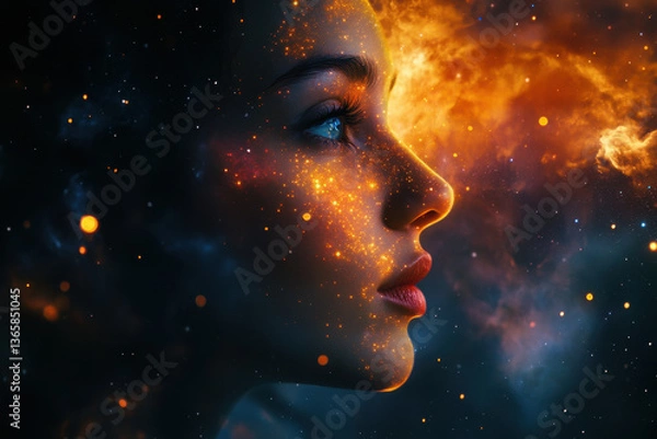 Fototapeta Woman's face gazing at vast nebula backdrop, eyes filled with wonder and contemplation.