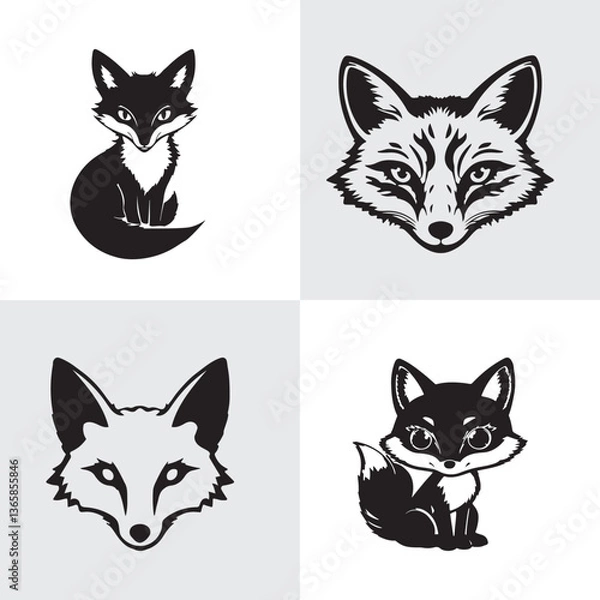 Fototapeta  Stylized fox logos set, minimalist Fox silhouettes and faces icons, black and white circular design
