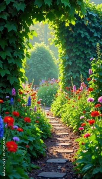 Fototapeta Overgrown garden path with wildflowers and vines , wildflowers, overgrown