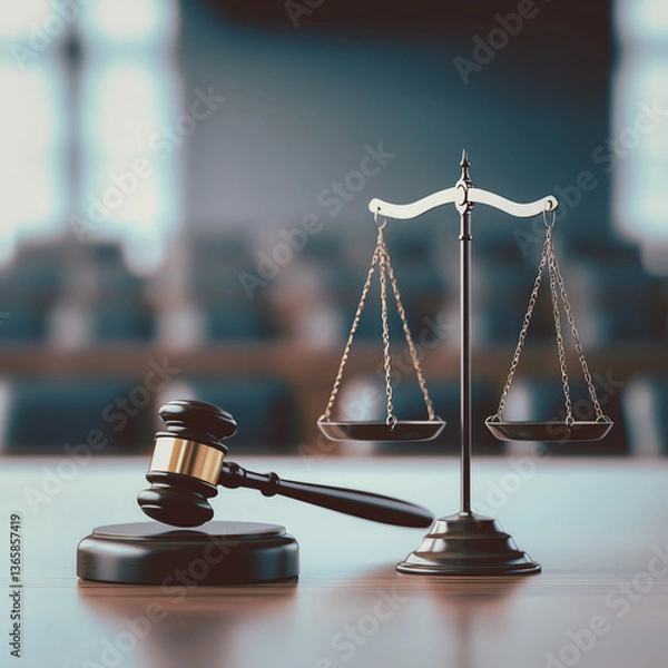 Fototapeta 3D rendered illustration of scales and gavel on wooden table in courtroom setting, symbolizing justice and law. scene conveys sense of authority and fairness