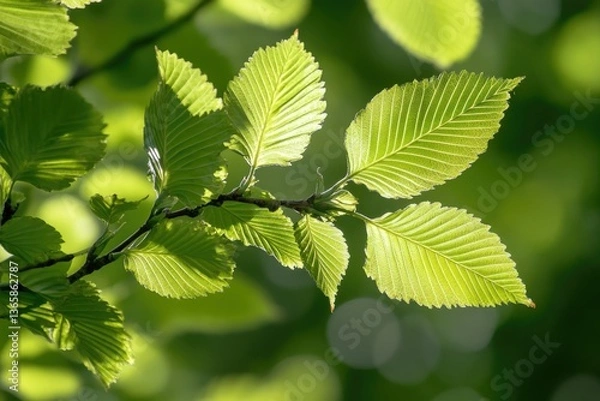 Fototapeta Ulmus Americana. Macro Close-Up of American Elm Leaves and Stem in Nature