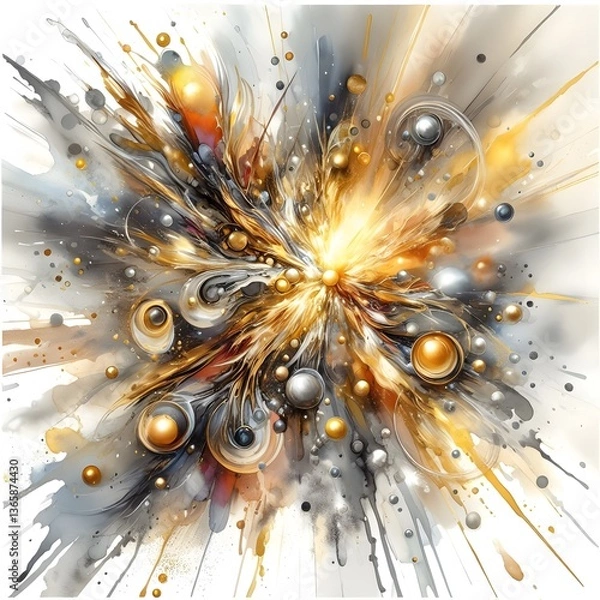 Fototapeta Vibrant Abstract Art: Gold and Yellow Explosion with Spherical Metallic Details