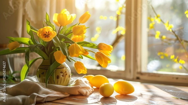 Obraz  Yellow Tulip Easter with eggs
