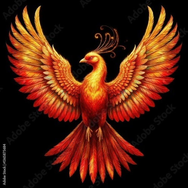 Obraz Firebird revealing its golden-red wings on a dark background (mythical art). Generated AI