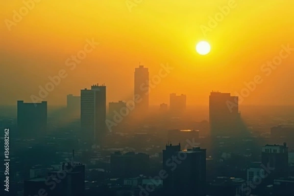 Fototapeta Thick, yellow smog obscures sun, buildings indistinct, environment, chimney