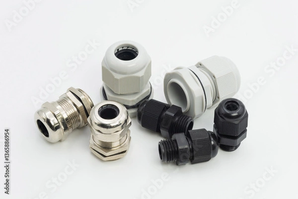 Obraz Varied sizes and types of cable glands for electrical and industrial applications