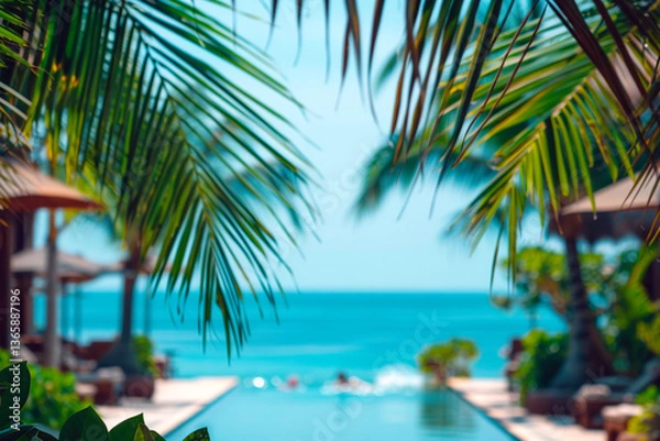 Obraz Summer resort with an infinity swimmingpool in a palm leaf frame