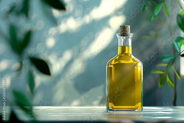 Obraz A bottle of olive oil standing on a stone table with sunlight and shadow background