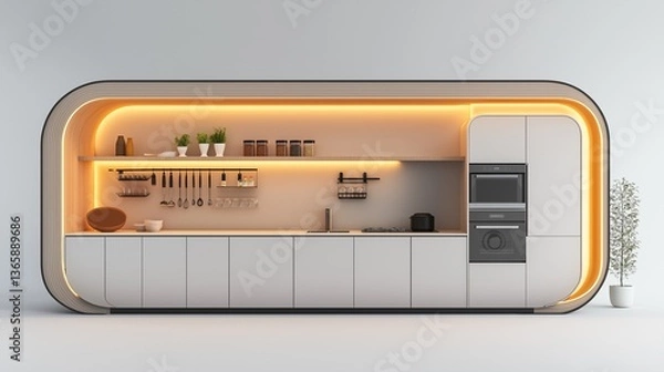 Fototapeta A sleek kitchen counter design with curved lines and integrated appliances.