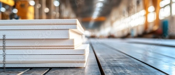 Obraz Industrial-Grade Foam Sheets Stacked in Clean Layout on Workshop Surface