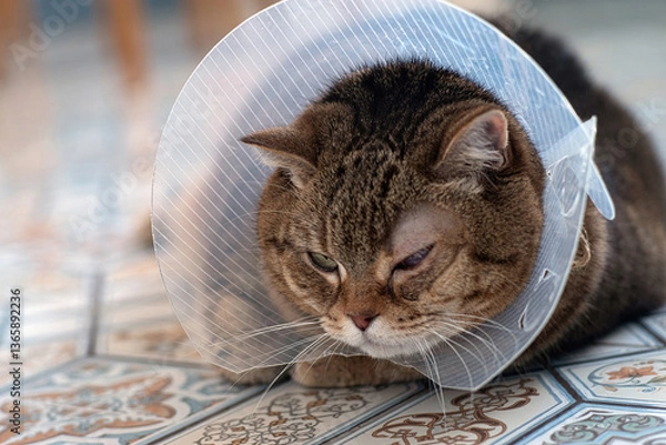 Fototapeta Tabby cat in a protective veterinary collar after ophthalmic surgery. Selective focus.