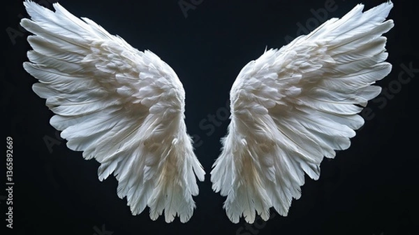 Fototapeta Angel wings with intricate feather details, radiating a serene and ethereal presence.
