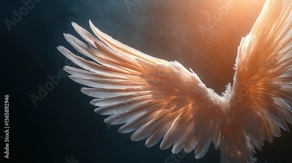 Fototapeta Angel wings with intricate feather details, radiating a serene and ethereal presence.

