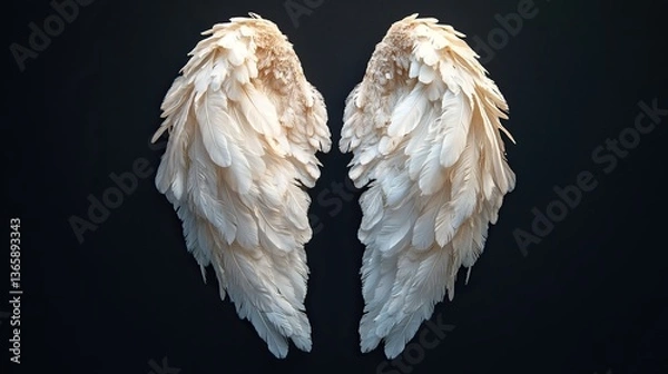 Fototapeta Angel wings with intricate feather details, radiating a serene and ethereal presence.

