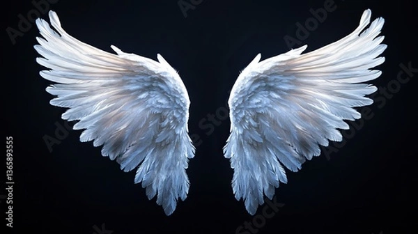 Fototapeta Angel wings with intricate feather details, radiating a serene and ethereal presence.
