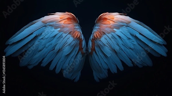 Fototapeta Angel wings with intricate feather details, radiating a serene and ethereal presence.
