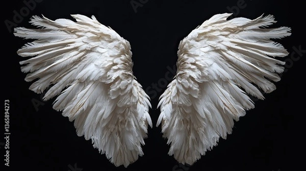 Fototapeta Angel wings with intricate feather details, radiating a serene and ethereal presence.
