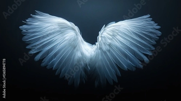 Fototapeta Angel wings with intricate feather details, radiating a serene and ethereal presence.

