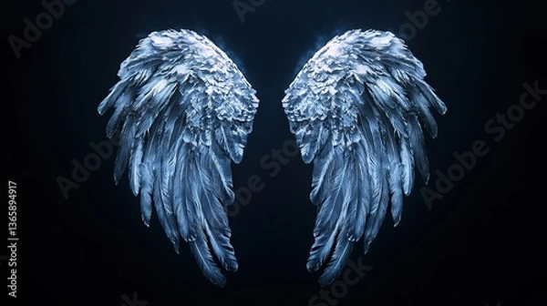Fototapeta Angel wings with intricate feather details, radiating a serene and ethereal presence.
