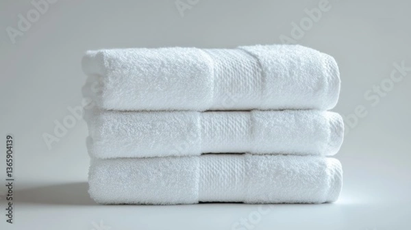 Obraz A stack of three clean white towels on a white background