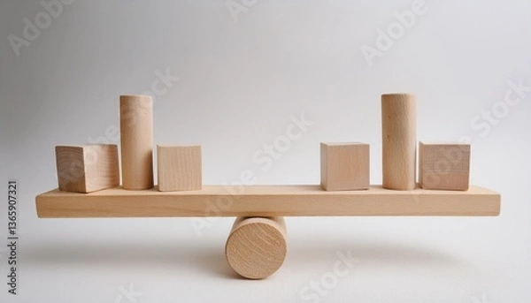Obraz Various models balanced and aligned on a wooden seesaw