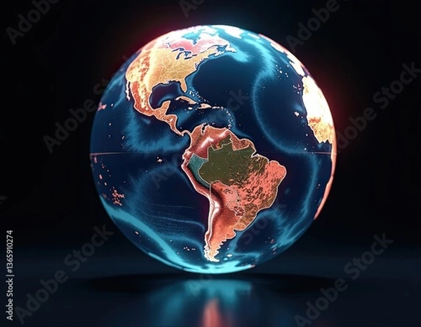Fototapeta Glowing Earth Globe, North and South America, Digital Planet, World Map