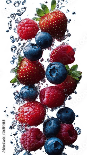 Fototapeta Mixed berries in a splash cluster – Commercial style photoshoot with water splashes – Transparent background